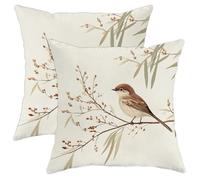 Bird Pillow Covers Set of 2, Beige Feathered Songbird Throw Pillows Case, Spring Decorative Square Nature Decor Cushion Covers for Home Sofa Bed Couch 18x18 Inch