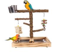 Bird Play Area, Natural Wood Stand for Birds, Parrot Activity Center with Feeding Cups, Avian Toys Parakeet, Gym Parakeet