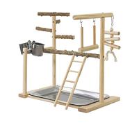 Bird Play Stand - Wooden Parrot Stand with Perch, Tray, and Cups | Cage Accessories | Bird Exercise Gym and Playpen Toy for Parakeets, Cockatiels, Lovebirds, Budgies | Interactive Toys for Active Pe
