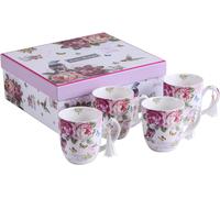 London Boutique Cups Mugs Set 4 Fine China Shabby Chic Vintage Retro Design in Gift Box 330ML (Bird Rose Butterfly)