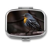 Bird Sitting on Branch Pill Box 2 Compartment, Portable Pill Case with Mirror for Pocket Purse Travel, Mini Metal Medicine Organizer for Vitamins Fish Oil