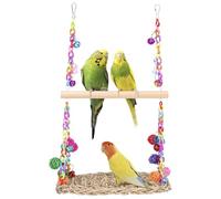 Bird Swing Toys, Double Layer Parrot Climbing Hammock with Wood Perch, Seagrass Woven Parrot Platform, Bird Perch Stand Chewing Toy for Parakeets, Budgie, Conure, Cockatiel, Lovebird