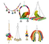 Bird Swing Toys for Chewing & Playing - YOUTHINK 7 Packs Colorful Natural Wooden Hammock Hanging Bell Fits for Parakeets, Parrots, Conures, Love Birds, Budgie, Budgerigars