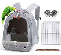 Bird Traval Carrier Cage, Multi Vent Holes Clear Space Capsule Astronaut Backpack to Carry Parakeet Cockatiel Parrot with Metal Tray Wood Perch, Vet Transport Book Bag (Grey)
