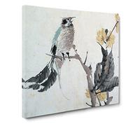 Bird Upon a Branch by Ren Yi Asian Japanese Canvas Wall Art Print Ready to Hang, Framed Picture for Living Room Bedroom Home Office Décor, 14x14 Inch (35x35 cm)