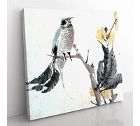 Bird Upon a Branch by Ren Yi Asian Japanese Canvas Wall Art Print Ready to Hang, Framed Picture for Living Room Bedroom Home Office Décor, 35x35 cm (14x14 Inch)