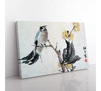 Bird Upon A Branch By Ren Yi Asian Japanese Canvas Wall Art Print Ready to Hang, Framed Picture for Living Room Bedroom Home Office Décor, 60x40 cm (24x16 Inch)