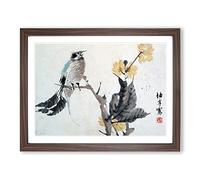 Bird Upon A Branch By Ren Yi Asian Japanese Framed Print | A4 Walnut Framed Wall Art | Ready to Hang | Asian Nature Picture | Living Room Bedroom Lounge Office