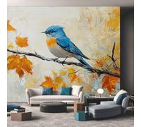 Bird Wallpaper Orange Blue, Branches Oil Painting Wall Paper for Bedrooms, Home Decor Photo Wallpaper for Living Room 350x256 Non-Woven Wall Mural W&25