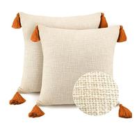 Bird Wing Pack of 2 Pure Cotton Classic Decorative Cream Color Textured SLUB Fabric Cotton Boho Style Cushion Covers with Rust Tassels (Size : 20X20 Inch), 50 x 50 CM