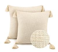 Bird Wing Pure Cotton Classic Decorative Cream Color Textured SLUB Fabric Cotton Boho Style Cushion Covers, with Tassels Size : 24X24 Inch, 61 x 61 CM