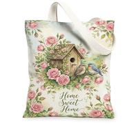 Birdhouse Canvas Tote Bag for Women, Vintage Botanical Roses Birds Spring Peach Washable Reusable Grocery Bags Ideas for Outdoor Travel Workday Reading 13x15 Inch