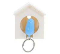 Birdhouse Key Holder with Blue Sparrow Keychain, Adhesive Wall Mount | ABS White Cottage Design, Audible Tail Whistle, Lightweight Reminder for Parents near School or Front Door
