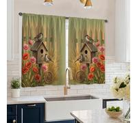 Birdhouse Kitchen Curtains, Rustic Country Bird Poppy Spring Green Sink Window Curtains for Laundry Room Sink Area Hallway Apartment Window Decor 26x45 Inch
