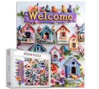Birdhouses Jigsaw Puzzle 1000 Pieces Puzzles for Adults Welcome Sign Jigsaw Puzzles for Challenging Family Activity Games Colorful Various DIY Puzzle for Game Night Handmade Gifts Home Wall Decor