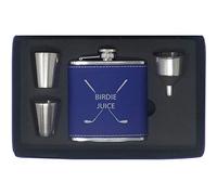 Birdie Juice Flask, Funnel, Shot Glasses, and Gift Box - Golfing Birdie Juice Hip Stainless Steel Leatherette Metal Matte 6-Ounce Golf Bag Flask (Blue)