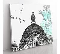 Birds Above Sacre Coeur Paris in Abstract Modern Canvas Wall Art Print Ready to Hang, Framed Picture for Living Room Bedroom Home Office Décor, 50x50 cm (20x20 Inch)