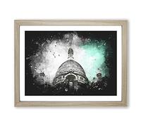 Birds Above Sacre Coeur Paris Paint Splash Modern Art Framed Print | A4 Oak Framed Wall Art | Ready to Hang | Modern Nature Picture | Living Room Bedroom Lounge Office