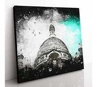 Birds Above Sacre Coeur Paris Paint Splash Modern Canvas Wall Art Print Ready to Hang, Framed Picture for Living Room Bedroom Home Office Décor, 50x50 cm (20x20 Inch)
