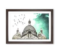 Birds Above Sacre Coeur Paris Painting Framed Print | A2 Walnut Framed Wall Art | Ready to Hang | Modern Historical Picture | Living Room Bedroom Lounge Office