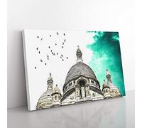 Birds Above Sacre Coeur Paris Painting Modern Art Canvas Wall Art Print Ready to Hang, Framed Picture for Living Room Bedroom Home Office Décor, 50x35 cm (20x14 Inch)