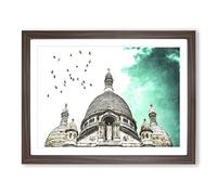 Birds Above Sacre Coeur Paris Painting Modern Art Framed Print | A3 Walnut Framed Wall Art | Ready to Hang | Modern Historical Picture | Living Room Bedroom Lounge Office