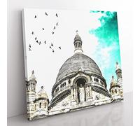 Birds Above Sacre Coeur Paris Painting Modern Canvas Wall Art Print Ready to Hang, Framed Picture for Living Room Bedroom Home Office Décor, 50x50 cm (20x20 Inch)
