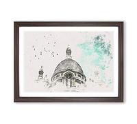 Birds Above Sacre Coeur Paris Watercolour Framed Print | A2 Walnut Framed Wall Art | Ready to Hang | Modern Historical Picture | Living Room Bedroom Lounge Office