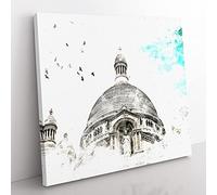 Birds Above Sacre Coeur Paris Watercolour Modern Canvas Wall Art Print Ready to Hang, Framed Picture for Living Room Bedroom Home Office Décor, 50x50 cm (20x20 Inch)