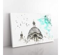 Birds Above Sacre Coeur Paris Watercolour Modern Canvas Wall Art Print Ready to Hang, Framed Picture for Living Room Bedroom Home Office Décor, 50x35 cm (20x14 Inch)