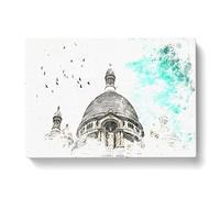 Birds Above Sacre Coeur Paris Watercolour Modern Canvas Wall Art Print Ready to Hang, Framed Picture for Living Room Bedroom Home Office Décor, 76x50 cm (30x20 Inch)