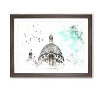 Birds Above Sacre Coeur Paris Watercolour Modern Framed Print | A2 Walnut Framed Wall Art | Ready to Hang | Modern Historical Picture | Living Room Bedroom Lounge Office