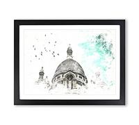 Birds Above Sacre Coeur Paris Watercolour Modern Framed Print | A3 Black Framed Wall Art | Ready to Hang | Modern Historical Picture | Living Room Bedroom Lounge Office