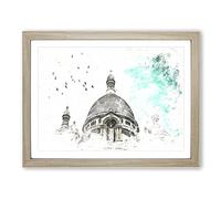 Birds Above Sacre Coeur Paris Watercolour Modern Framed Print | A4 Oak Framed Wall Art | Ready to Hang | Modern Historical Picture | Living Room Bedroom Lounge Office