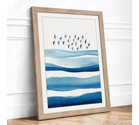 Birds Above Waves Coastal Framed Wall Art Print A3 Oak