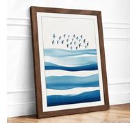 Birds Above Waves Coastal Framed Wall Art Print A4 Walnut