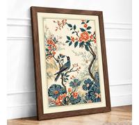 Birds Among Blossoms Japandi Framed Wall Art Print A1 Walnut