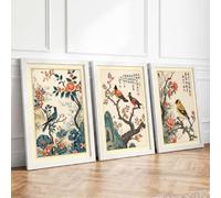 Birds Among Blossoms Japandi Set of 3 Framed Wall Art Prints A3