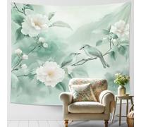 Birds and Blossoms Green Tapestry, Floral Wall Hanging for Spring Decor, Aesthetic Tapestries for Living Room, Bedroom, Dorm 60x50 Inch