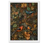 Birds and Butterflies on Autumnal Tree Folk Art Artwork Framed Wall Art Print A4 Artery8 White One Size