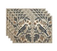 Birds and Floral Placemats, Vintage Botanical Table Mats for Dining Table, Spring Summer Decorative Non-Slip Washable Indoor Outdoor Kitchen Party Placemat Set of 4