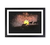 Birds and Horses at Sunset Paint Splash Framed Print | A2 Black Framed Wall Art | Ready to Hang | Modern Animal Picture | Living Room Bedroom Lounge Office