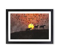Birds and Horses at Sunset Painting Framed Print | A2 Black Framed Wall Art | Ready to Hang | Modern Animal Picture | Living Room Bedroom Lounge Office