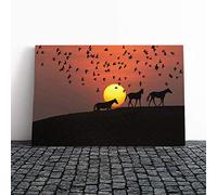 Birds and Horses Sunset Canvas Print | Gallery Wrapped 30mm Frame Wall Art | 30x20 inches | Ready to Hang | Modern Animals Picture | Living Room Bedroom Lounge Office