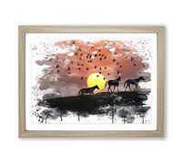 Birds and Horses Sunset V3 Modern Framed Print | A3 Oak Framed Wall Art | Ready to Hang | Modern Animal Picture | Living Room Bedroom Lounge Office