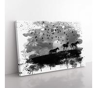 Birds and Horses Sunset V4 Modern Canvas Wall Art Print Ready to Hang, Framed Picture for Living Room Bedroom Home Office Décor, 60x40 cm (24x16 Inch)