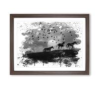 Birds and Horses Sunset V4 Modern Framed Print | A3 Walnut Framed Wall Art | Ready to Hang | Modern Animal Picture | Living Room Bedroom Lounge Office