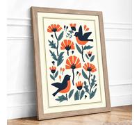 Birds and Marigolds Mid Century Framed Wall Art Print A2 Oak | Ready to Hang, Premium Gi Paper, Fade-Resistant Inks, Securely Packaged, UK Made