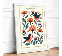 Birds and Marigolds Mid-Century Framed Wall Art Print A3 (42×29.7cm) White, Wall Decor for Living Room, Bedroom, Office & Home, Ready to Hang, Art Gift