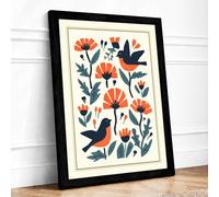 Birds and Marigolds Mid-Century Framed Wall Art Print A4 (29.7×21cm) Black, Wall Decor for Living Room, Bedroom, Office & Home, Ready to Hang, Art Gift
